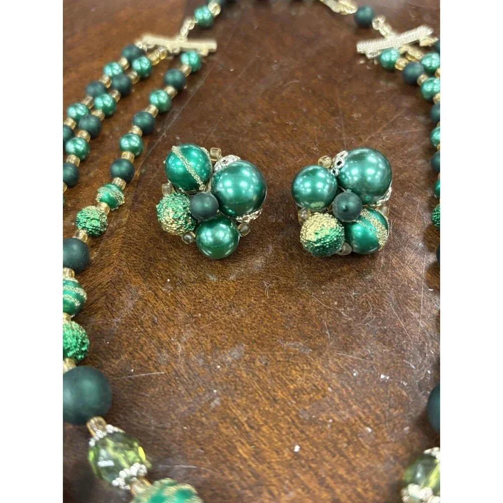 Vintage 1950s Japan Green Sugar Bead Triple Strand Necklace Clip Earrings Set